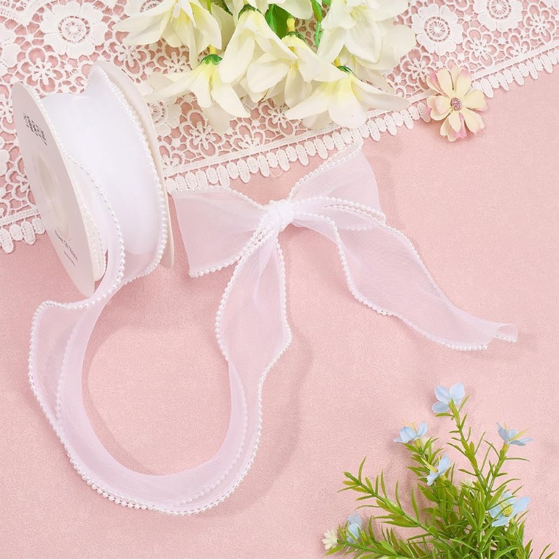 Organza Ribbon Spool - 5 Yards White Faux Pearl Edge