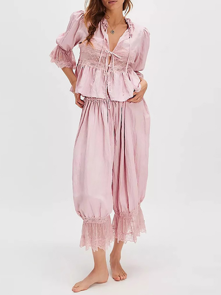 Elastic Lace Trim - Sexy Trim V-neck Blouse ＆ Flared