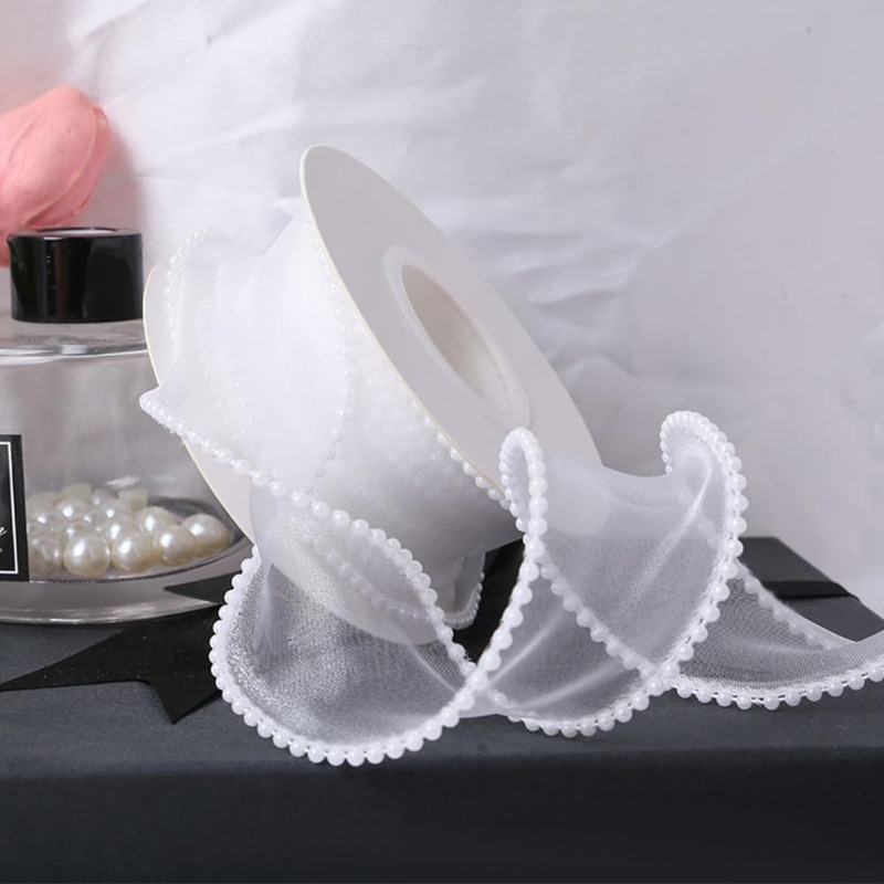5 Yards White Faux Pearl Edge  – обзор и цена Organza Ribbon Spool