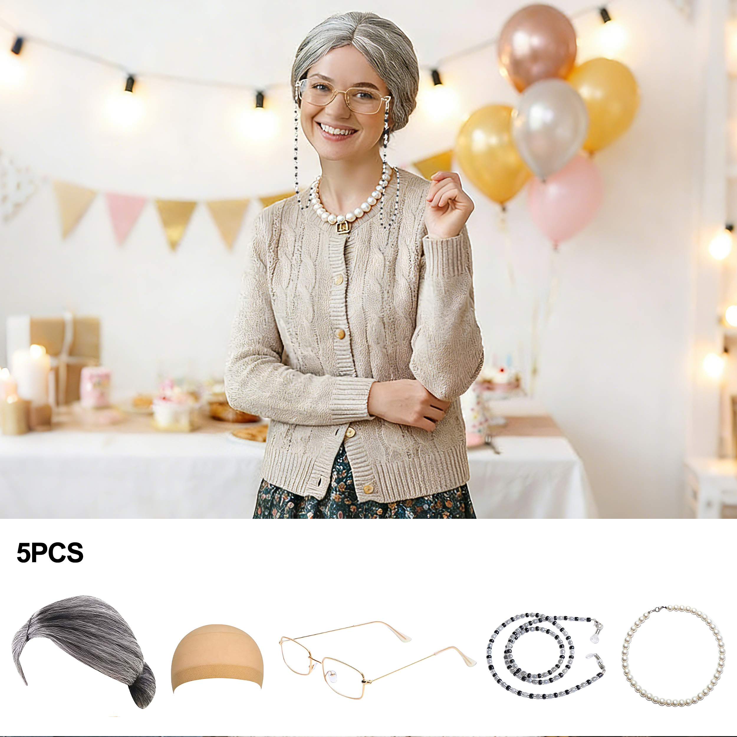 5Pcs Old Lady Costume Set Gran – обзор и цена Pearl Trim Chain