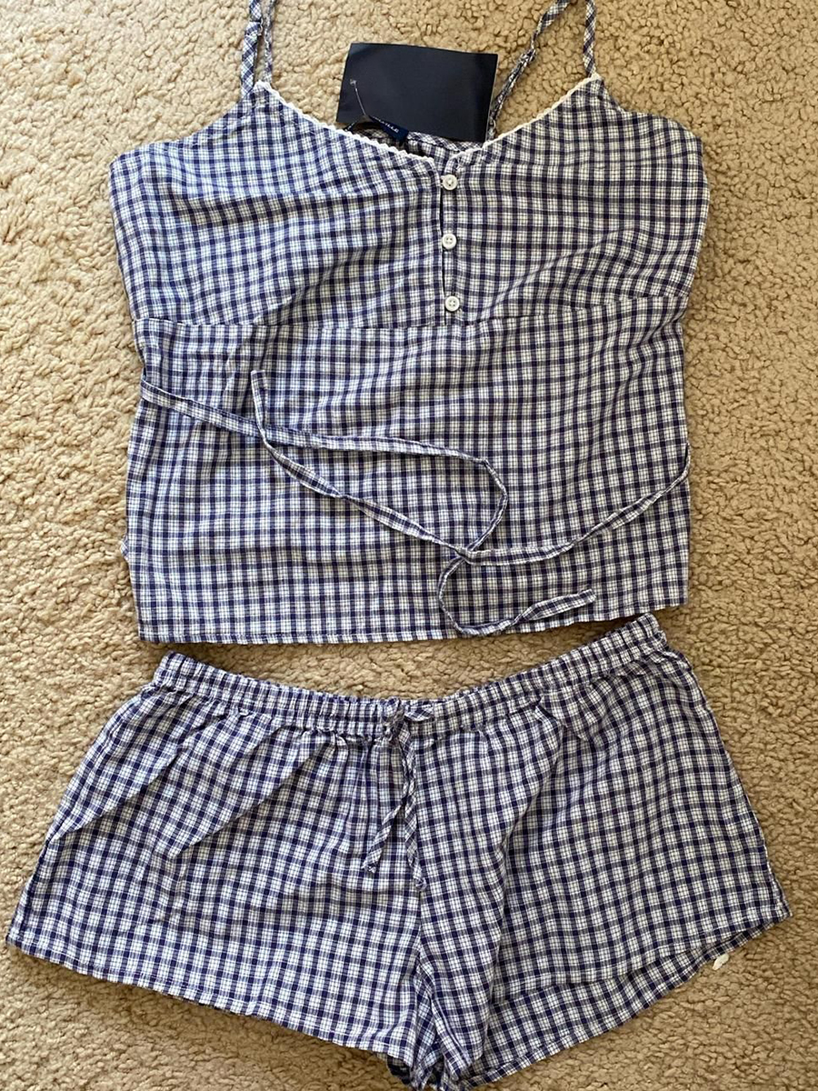 Navy Plaid Tank Shorts 2 Piece – обзор и цена Elastic Lace Trim
