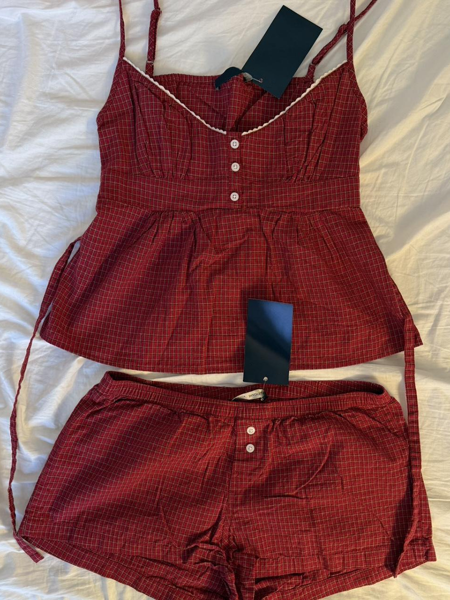 Red Plaid Buttons Tank Shorts  – обзор и цена Elastic Lace Trim